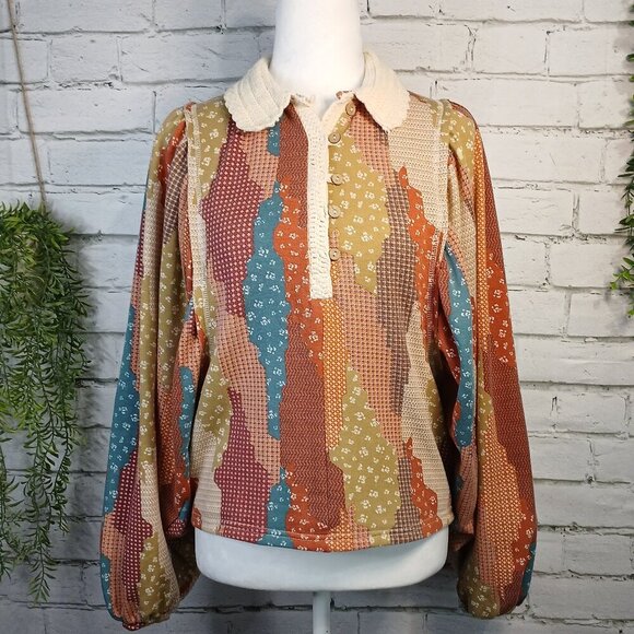 WOMENS GIMMECK BY BUCKLE BOHO TOP BALLON SLEEVES CROCHETED COLLAR SIZE SMALL - Picture 1 of 12